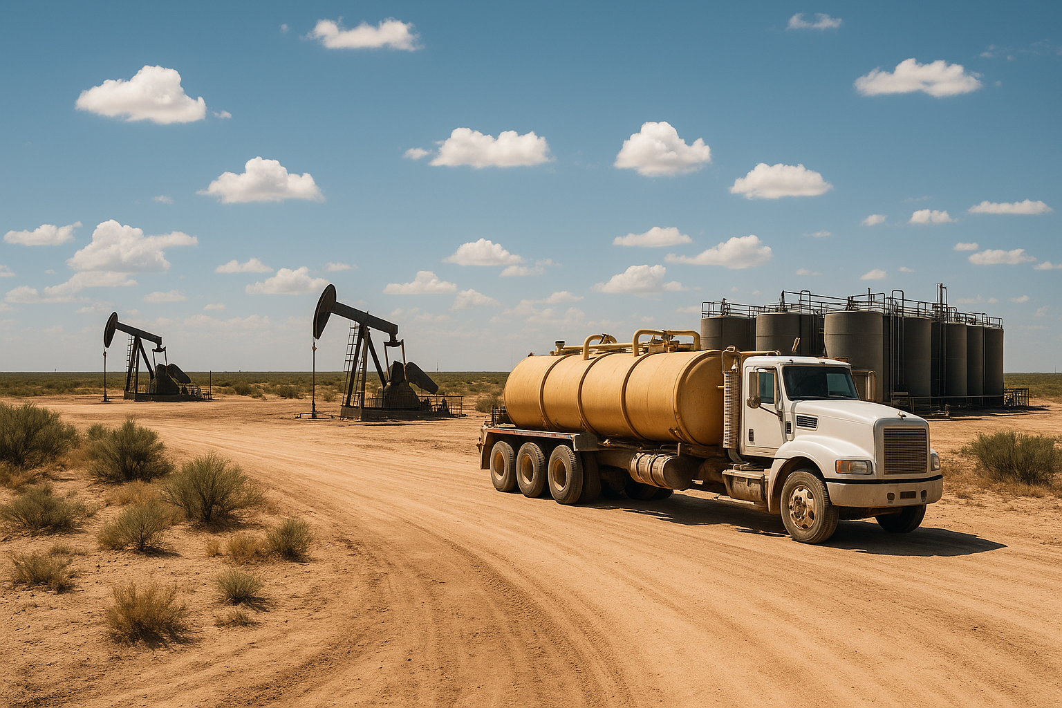 Oilfield truck and pumpjacks in the Permian Basin